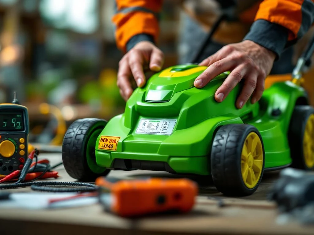 Elektrische veiligheidsinspecteur onderzoekt groene elektrische grasmaaier met testapparatuur in professionele werkplaats